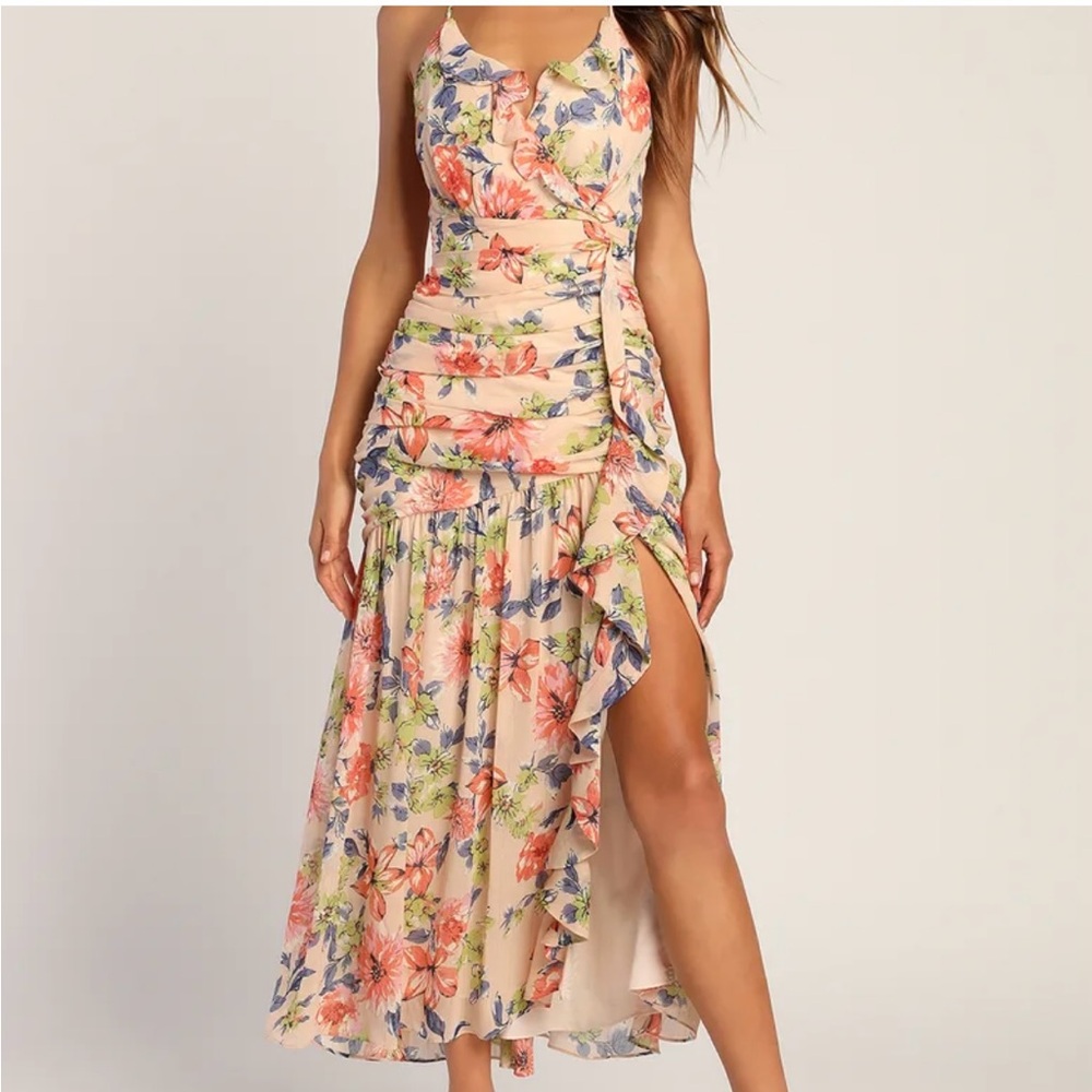 Lulus Stunning Soiree Blush Pink Floral Print Ruched Midi Dress NWT